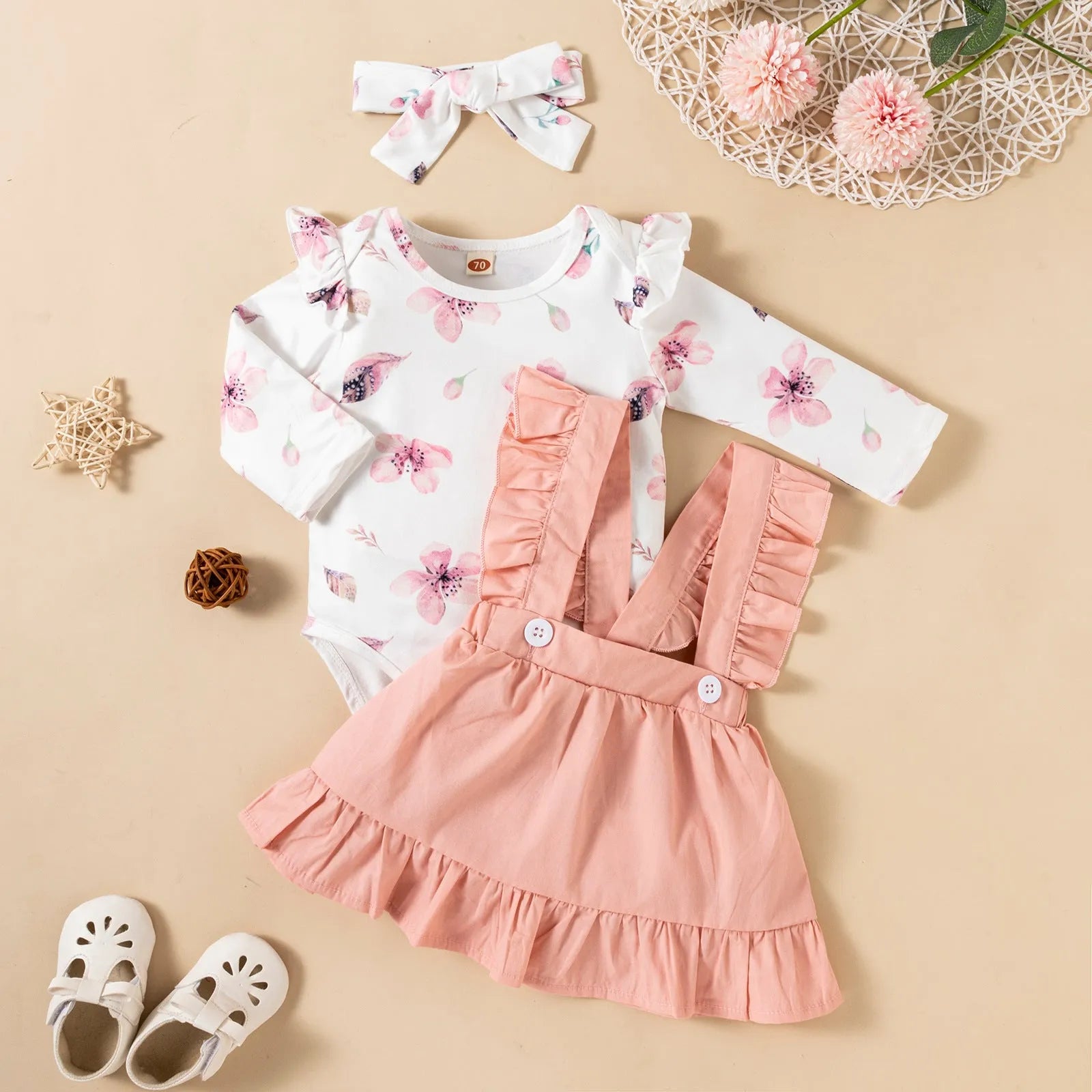 Pink cotton baby girl romper three-piece set with printed long-sleeved ruffled dress, strap skirt, and headdress