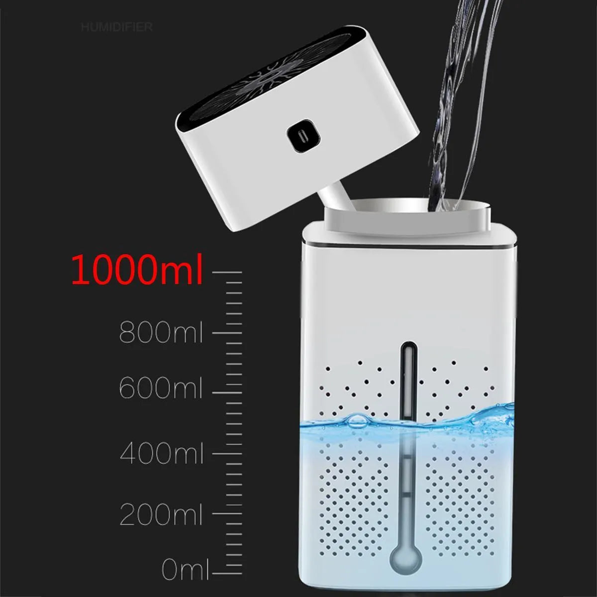 Black and white desktop humidifier measuring 103x103x218mm with USB connection port