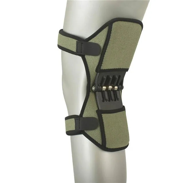 Adjustable black spring knee brace with straps and venting holes for sports support.