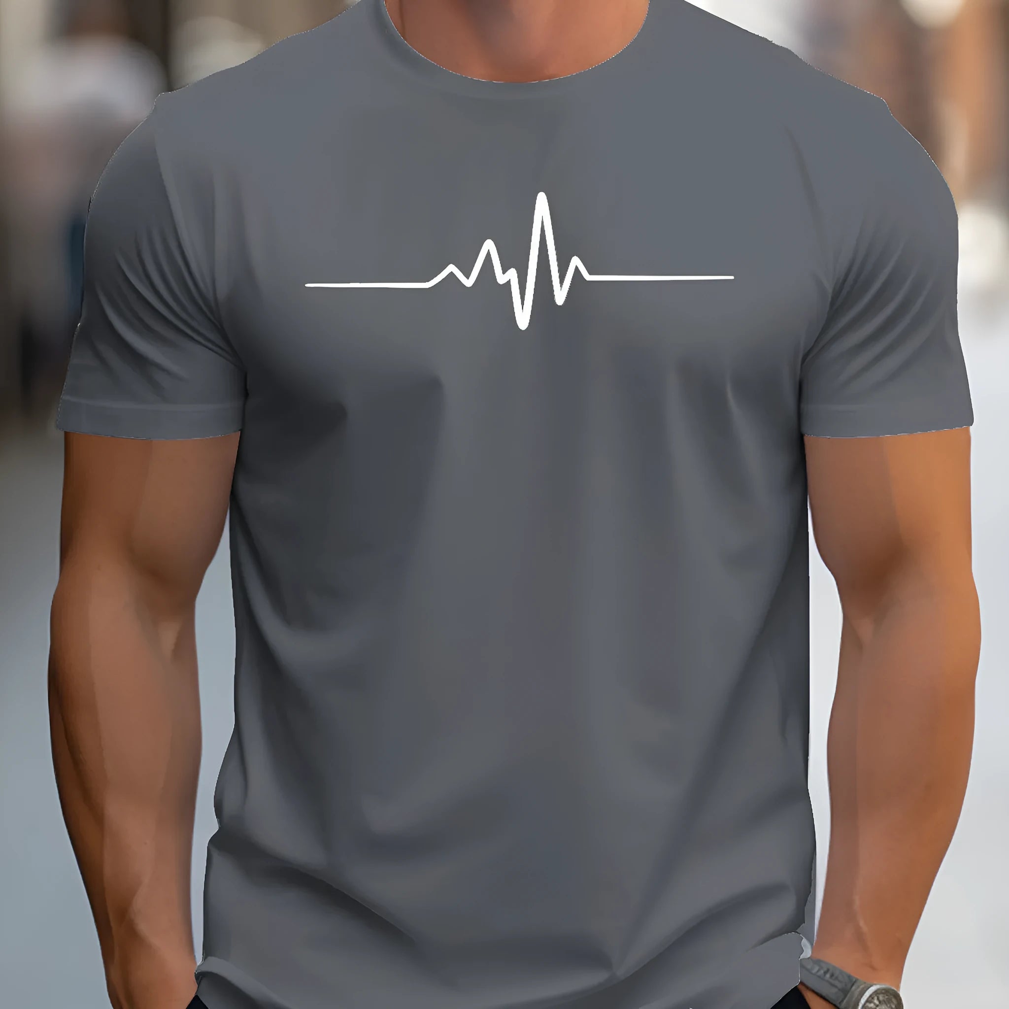 Men's loose-fit grey t-shirt with a raised 3D letter pattern on the front, short sleeves.