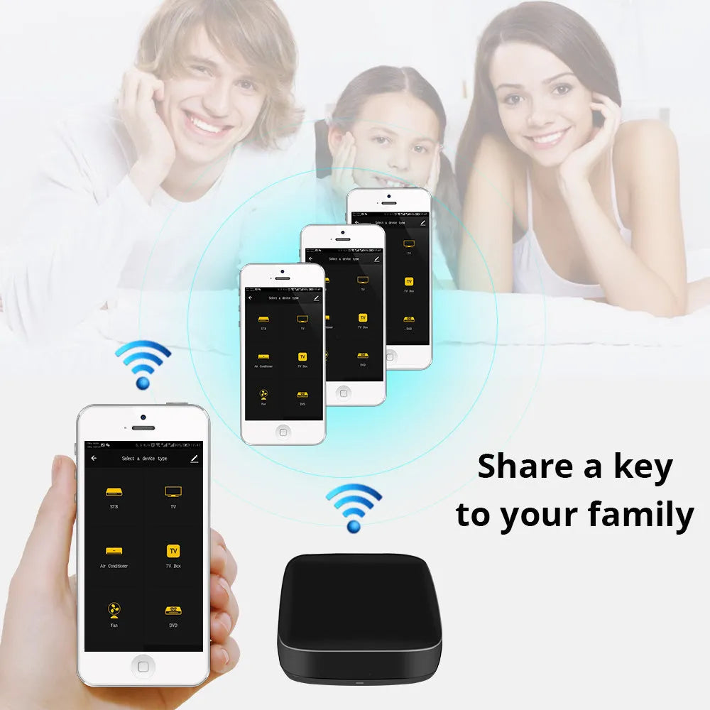 Black voice control universal infrared remote control with WiFi connectivity for smart home devices