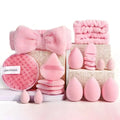 Beauty tools combination set with hydrophilic non-latex face wash and makeup tools in brown, pink, and purple colours