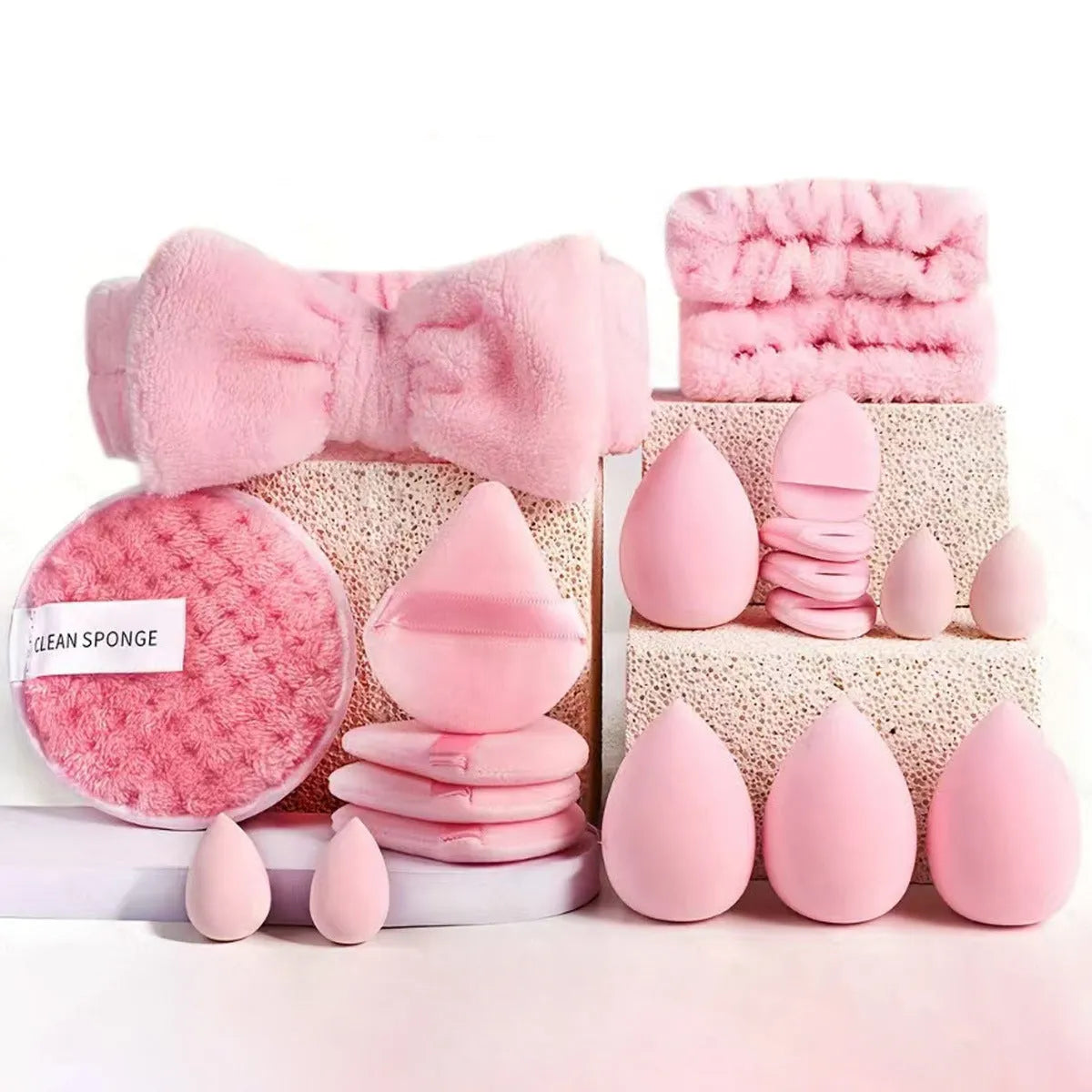 Beauty tools combination set with hydrophilic non-latex face wash and makeup tools in brown, pink, and purple colours