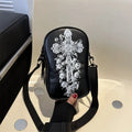 Black Halloween graffiti mini crossbody bag with cartoon pumpkin ghost bat print
