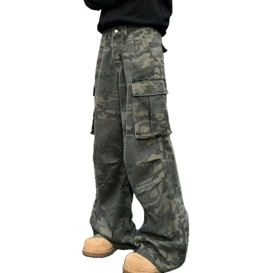 American vintage style washed camouflage cargo pants with multiple pockets on a mid-waist, full-length silhouette.
