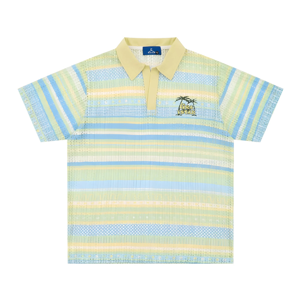 Men's blue and yellow printed short sleeve shirt with loose elastic fabric on a hanger.