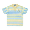 Men's blue and yellow printed short sleeve shirt with loose elastic fabric on a hanger.