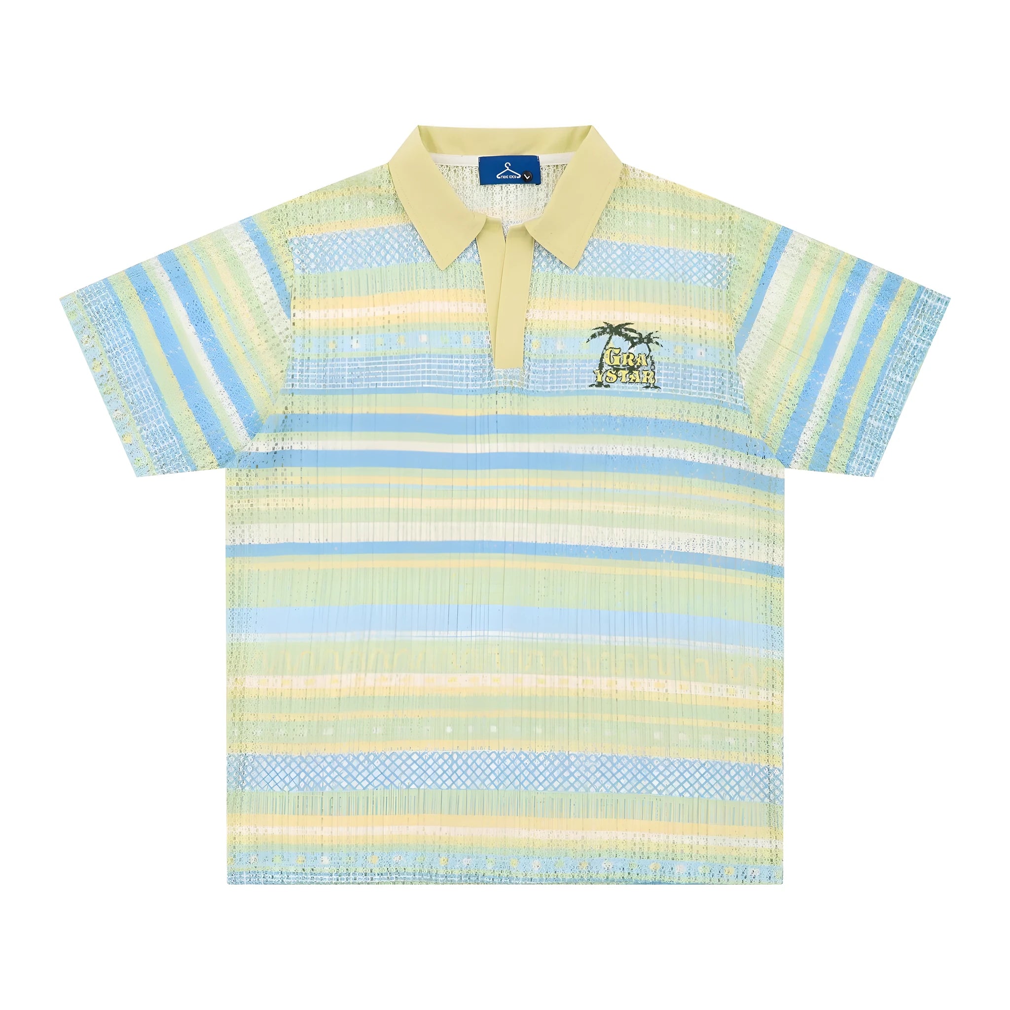 Men's blue and yellow printed short sleeve shirt with loose elastic fabric on a hanger.