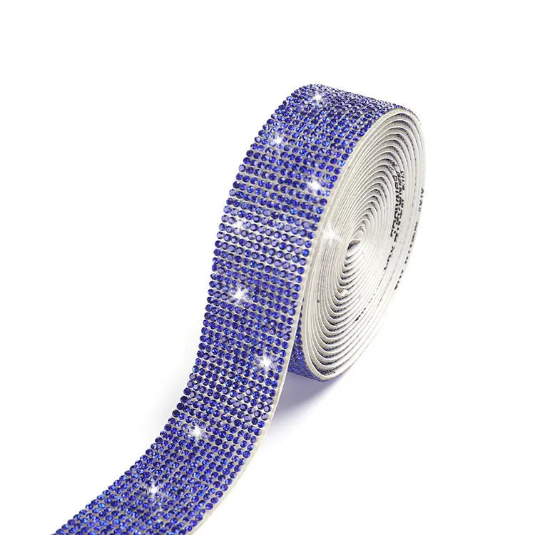 Self-adhesive glass water drill strip on fabric in white and AB colour, showing 0.9cm, 1.7cm, and 2.6cm width options.