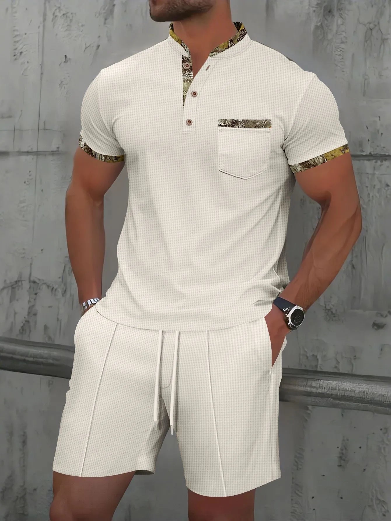 Men's grey cotton blend short sleeve zip-up jacket with matching shorts summer suit