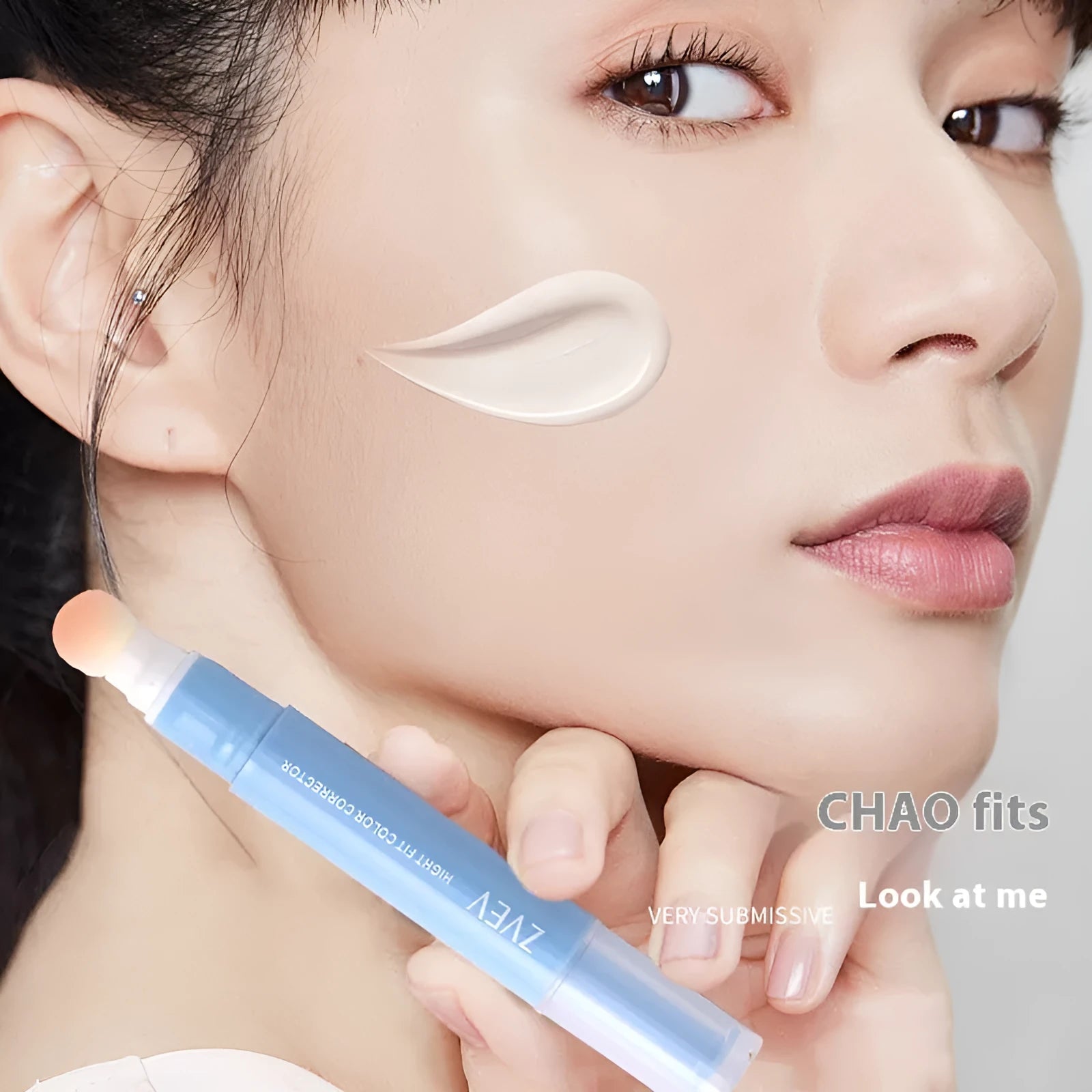 Concealer pen with sponge brush head applicator and cream in three shade options.