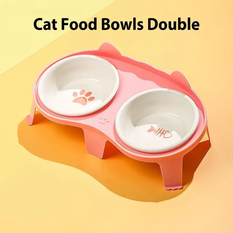 Ceramic cat food and water bowl set with tilted elevated stand in blue colour option