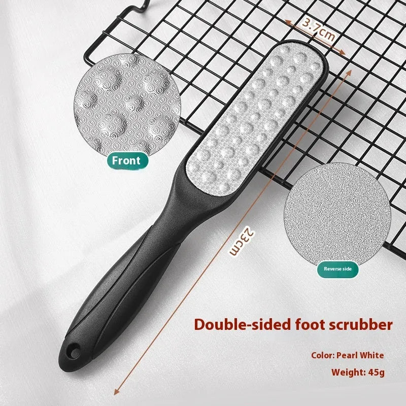 Stainless steel foot grinder with double-sided black and white sandpaper surfaces for callus removal