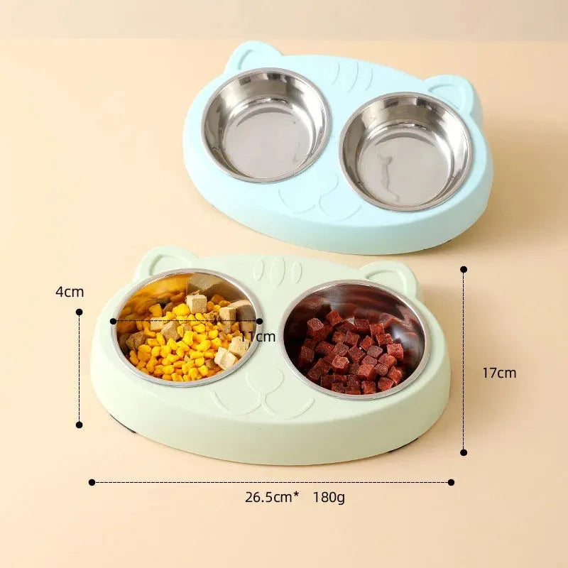 Blue macaron-styled double bowl plastic feeder tray for cats and dogs on a wooden floor.