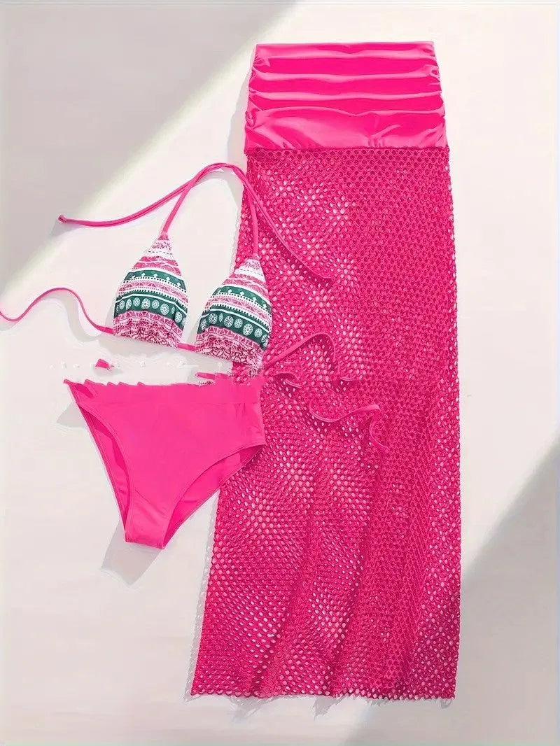 Women's gradient fishnet long skirt bikini three-piece set in European-American style