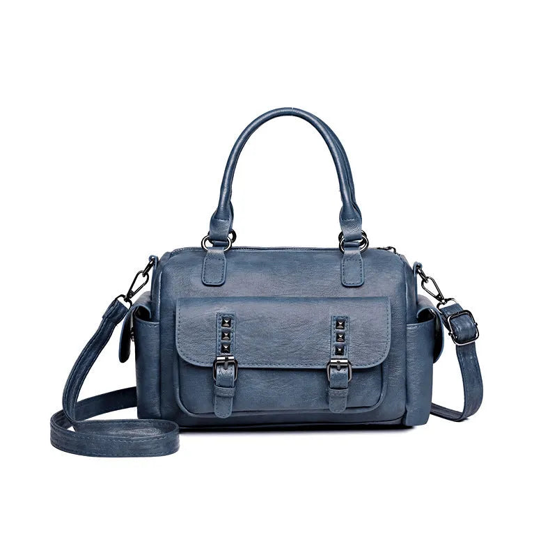 Vintage messenger bag with horizontal square design and contrast stitching in available colour options