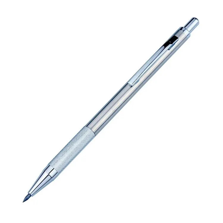 Metal automatic mechanical pencil on a surface, shown with multiple lead size indicators including 0.5mm and 2.0mm.