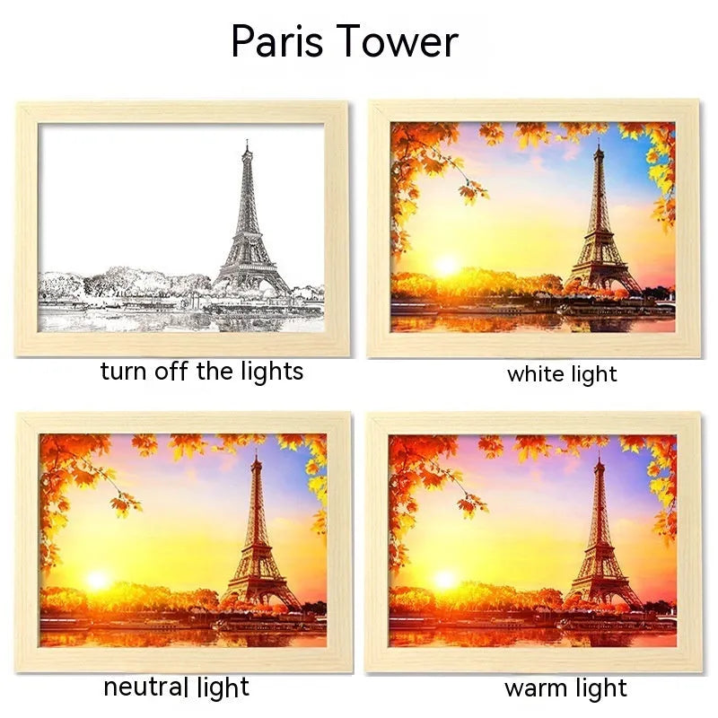 USB LED luminous picture frame night lamp showing illuminated landscape design in modern plastic frame
