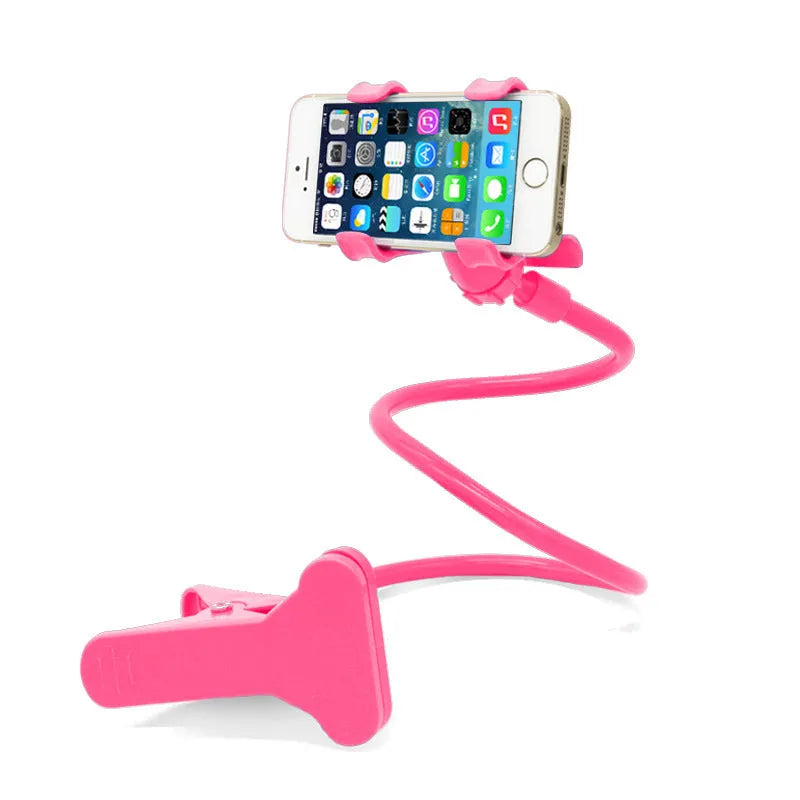 Black flexible long arm phone holder with V-clip attached to a bed frame, holding a smartphone.