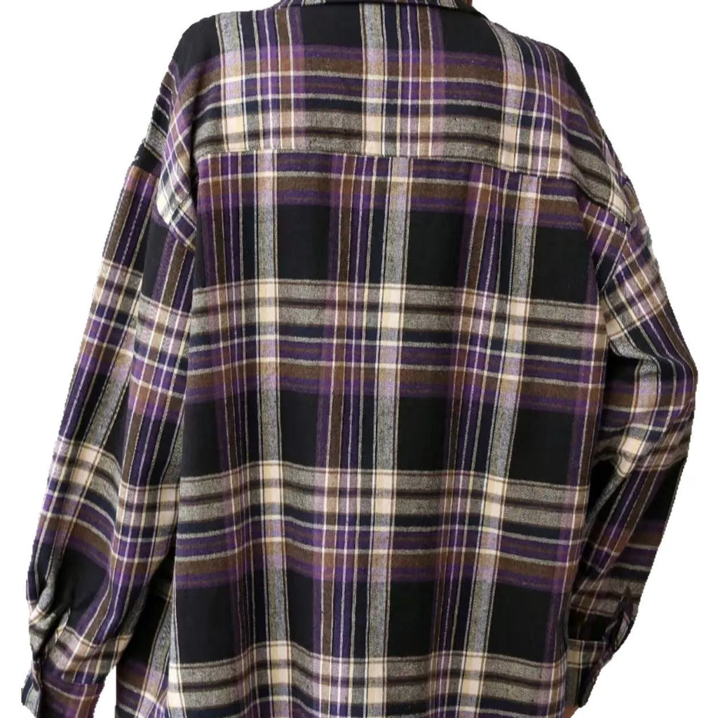 Women's loose-fit retro plaid cotton shirt in black, shown front-on with long sleeves.