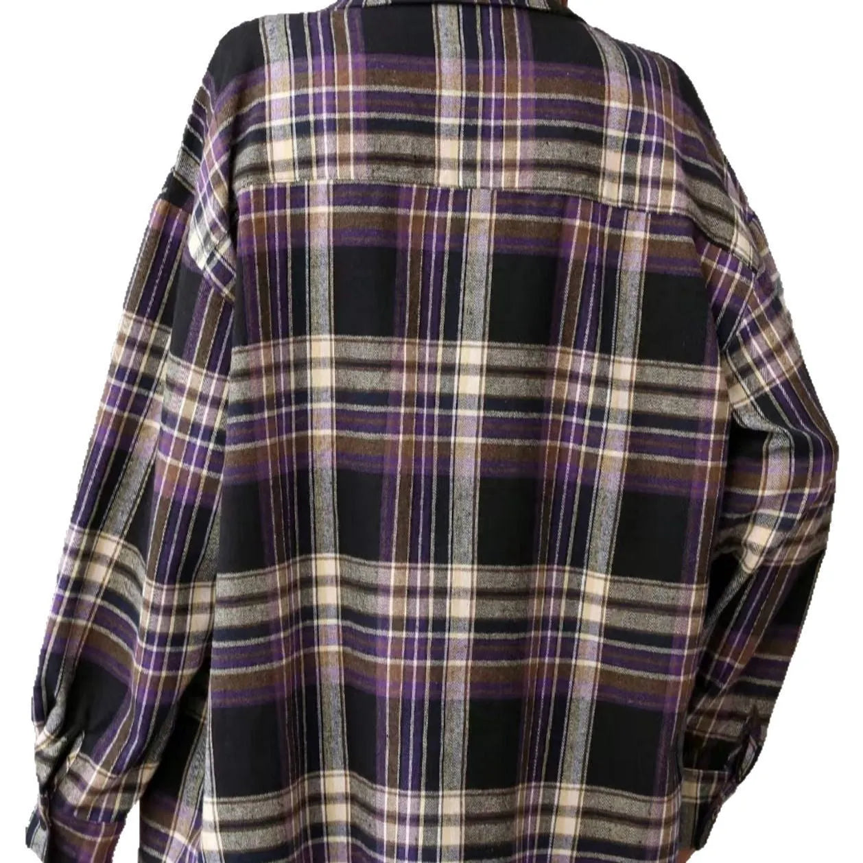Women's loose-fit retro plaid cotton shirt in black, shown front-on with long sleeves.