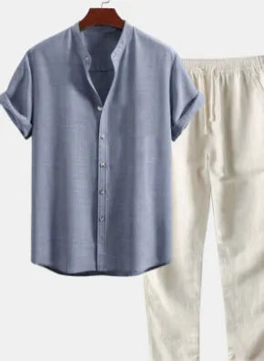Men's casual linen-look shirt and trouser set in multiple colours with short sleeves and loose fit