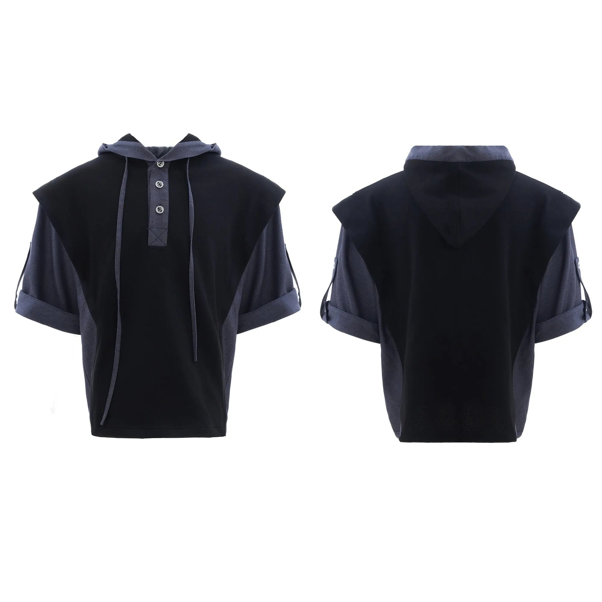 Men's black and grey polyester hooded sports suit with three-dimensional stitching on jacket