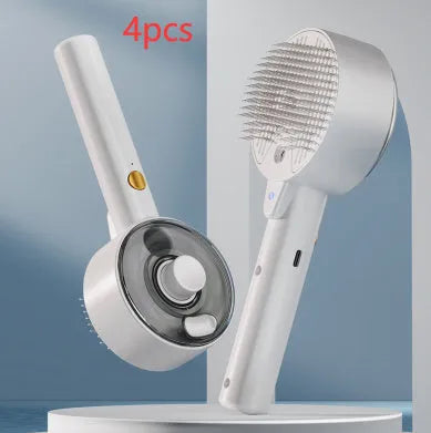 Ceramic white pet grooming brush with UVC blue light, mist spray nozzle, and fine needles for removing dog and cat hair.
