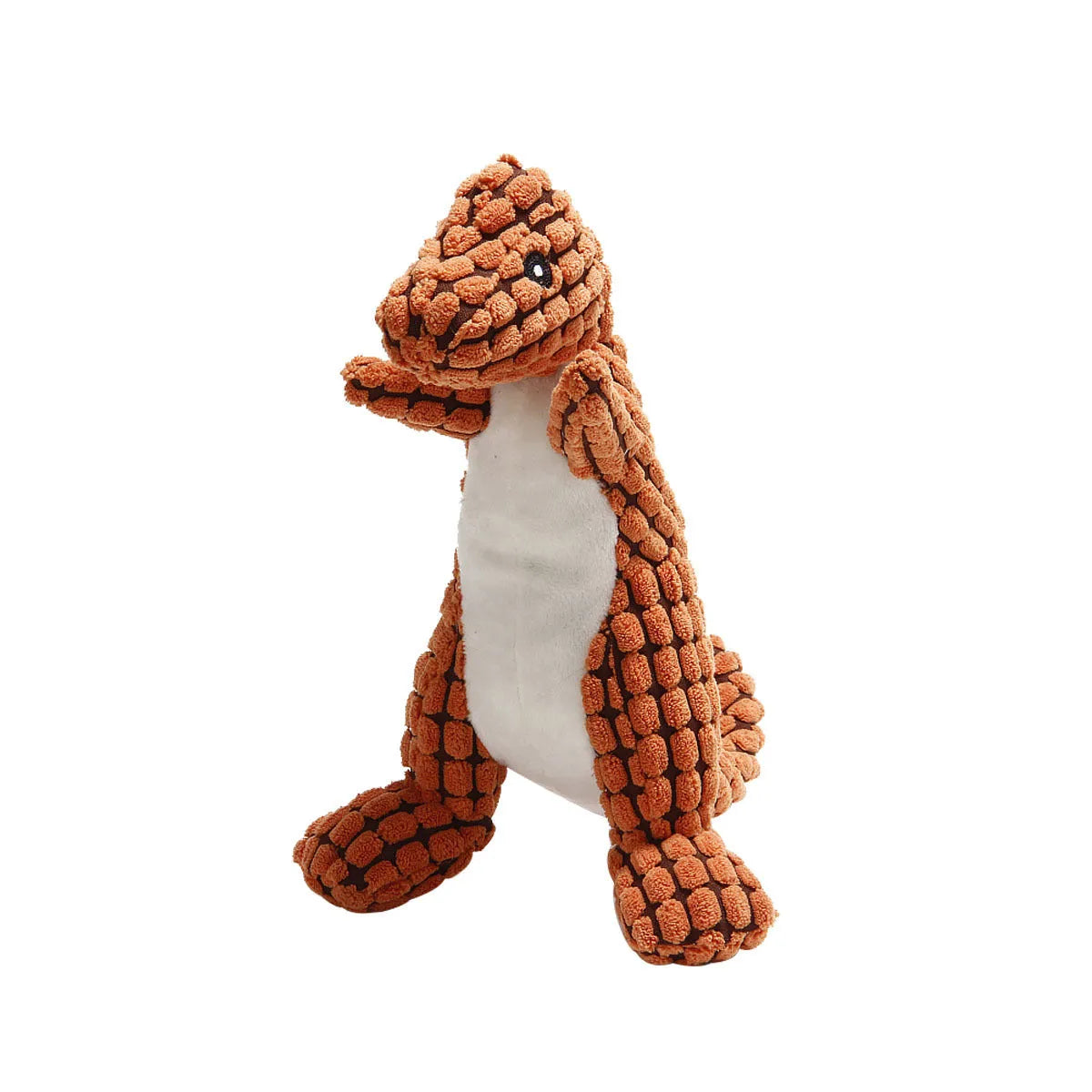 Grey, green, and orange dog sound toy resistant to bites and grinding teeth, measuring 35cm long.