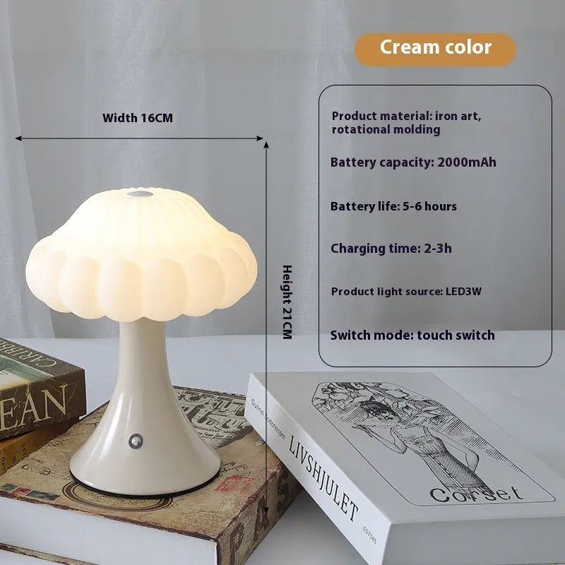 Small mushroom-shaped touch control night light in wood grain finish on a wooden table