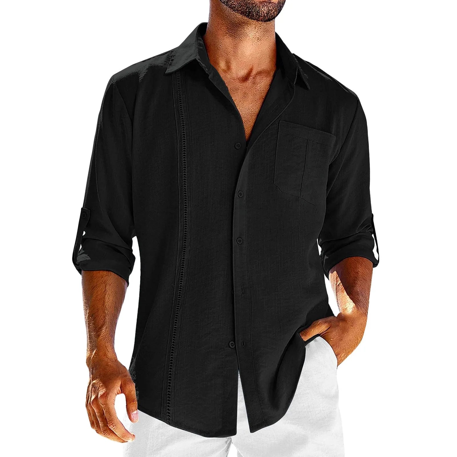 Men's solid colour long-sleeve shirt with a polo collar and a chest pocket on the left side.