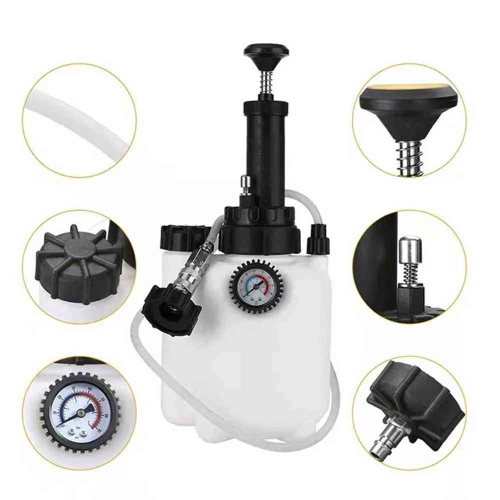 White plastic 3-litre brake fluid tank tool with copper and iron fittings for automotive service.