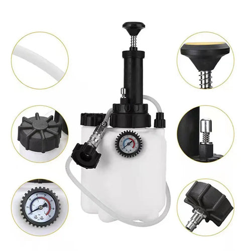 White plastic 3-litre brake fluid tank tool with copper and iron fittings for automotive service.