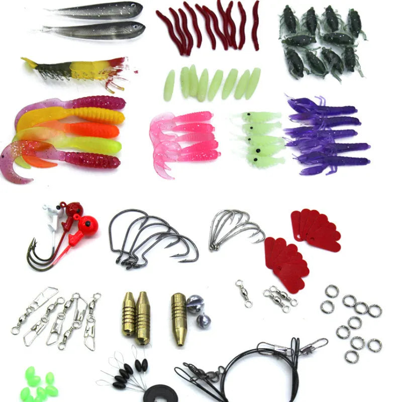 132-piece fishing lure set in rose red colour with plastic lures and steel hooks