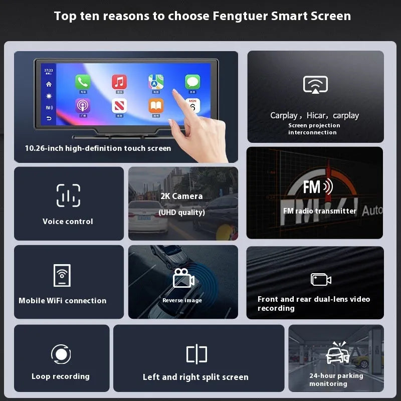 10-inch car touchscreen with Apple CarPlay, driving recorder and reversing camera display