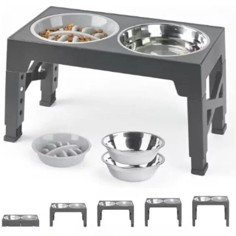 Black pet lifting feeding bowl with stainless steel double bowls and anti-tumble base for medium large dogs
