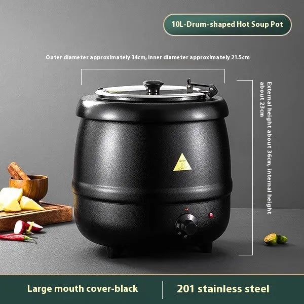 Black stainless steel electric insulation pot with large steel cover, 10 litre capacity for soup or porridge.