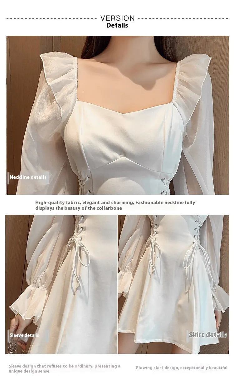 White chiffon patchwork waist-slimming dress with long sleeves and maxi skirt length on mannequin