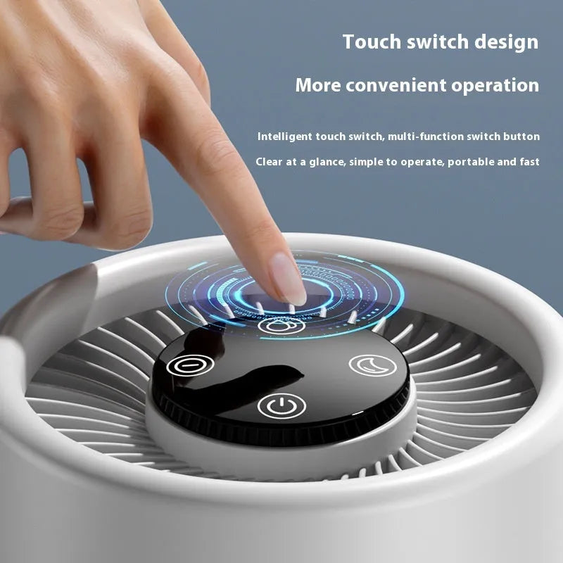 White EJ-JHQ101 desktop air purifier with USB cable on a wooden desk.