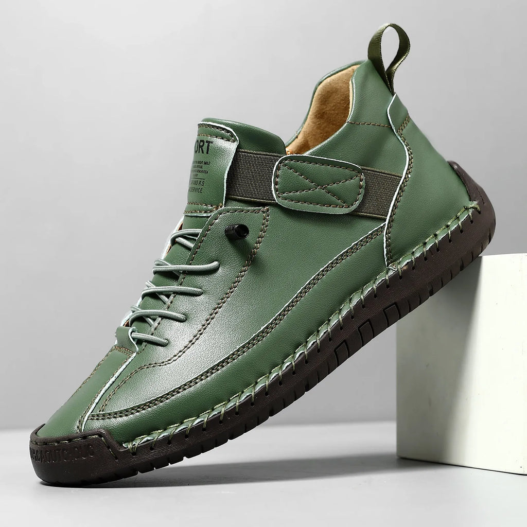 Men's mid-top Martin boot in multiple colours showing microfiber upper, round toe, flat heel, and tooling stitching detail.