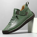 Men's mid-top Martin boot in multiple colours showing microfiber upper, round toe, flat heel, and tooling stitching detail.
