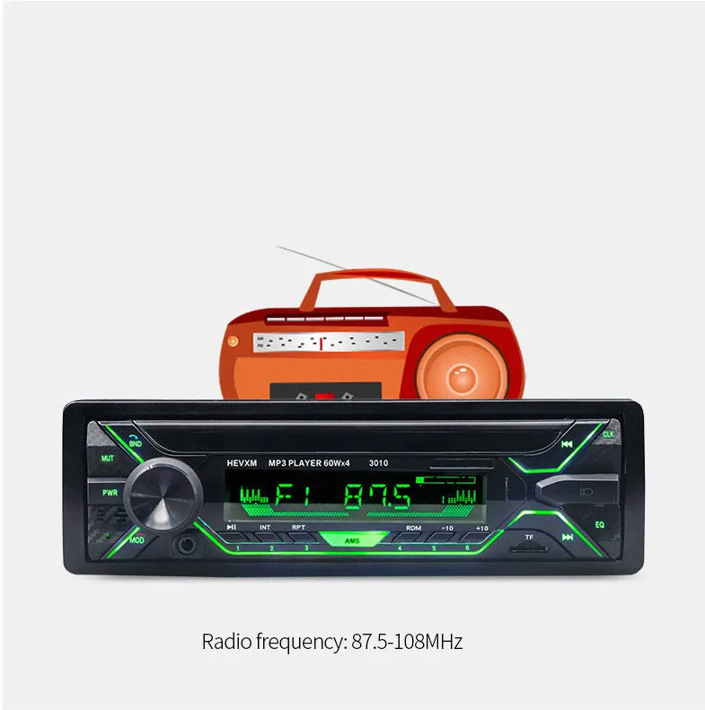 Bluetooth car stereo MP3 player with LCD display, rotary volume knob, USB port and remote control