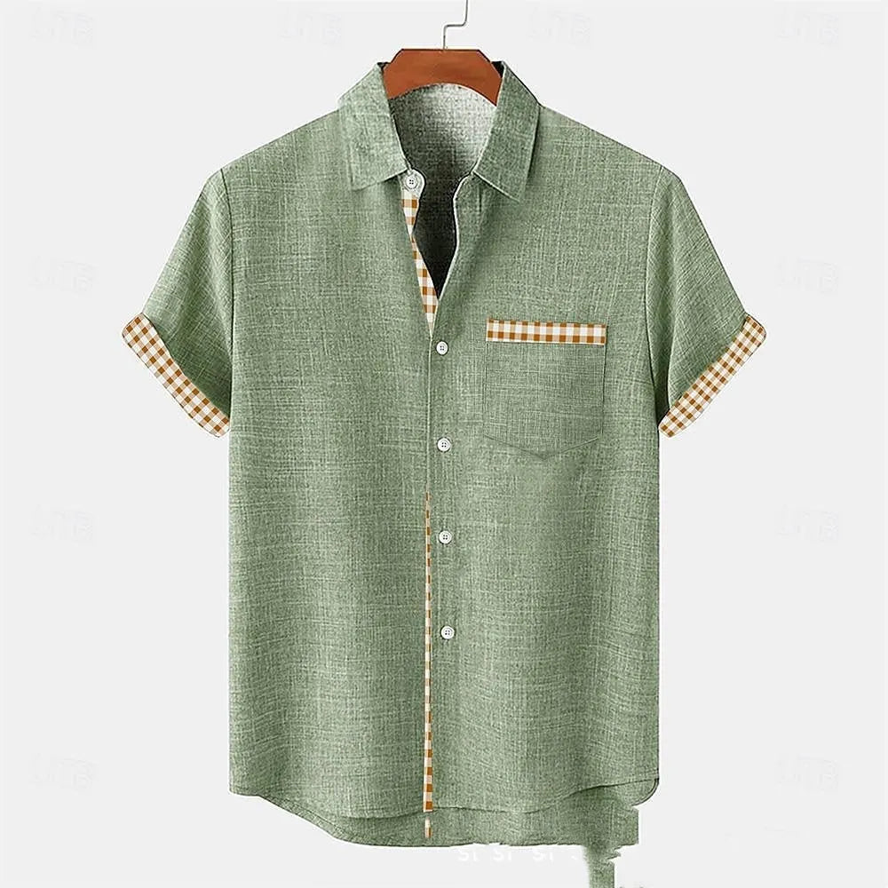 Linen short sleeve shirt with ocean fish pattern on lapel, loose casual fit for teenagers