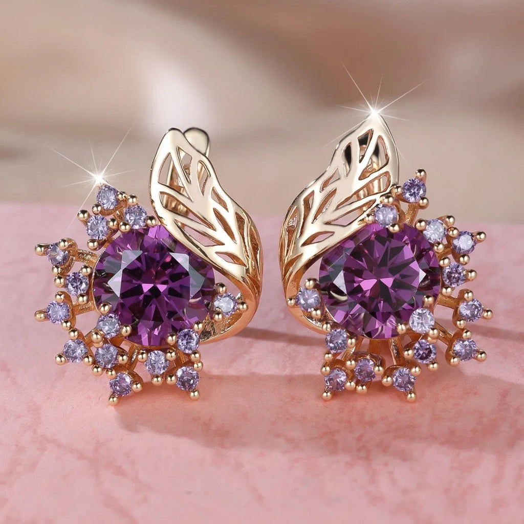 Women's round flowers feather zircon earrings with champagne gold electroplating and six gemstone colour options