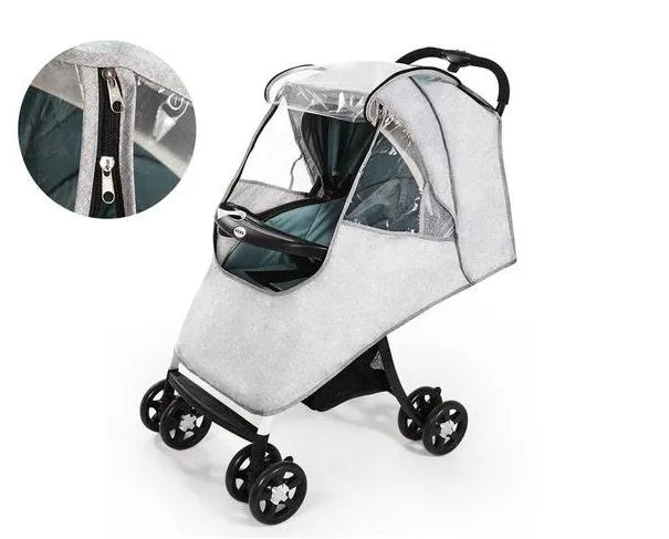 Universal baby stroller rain cover in waterproof cationic linen fabric with non-slip handle.