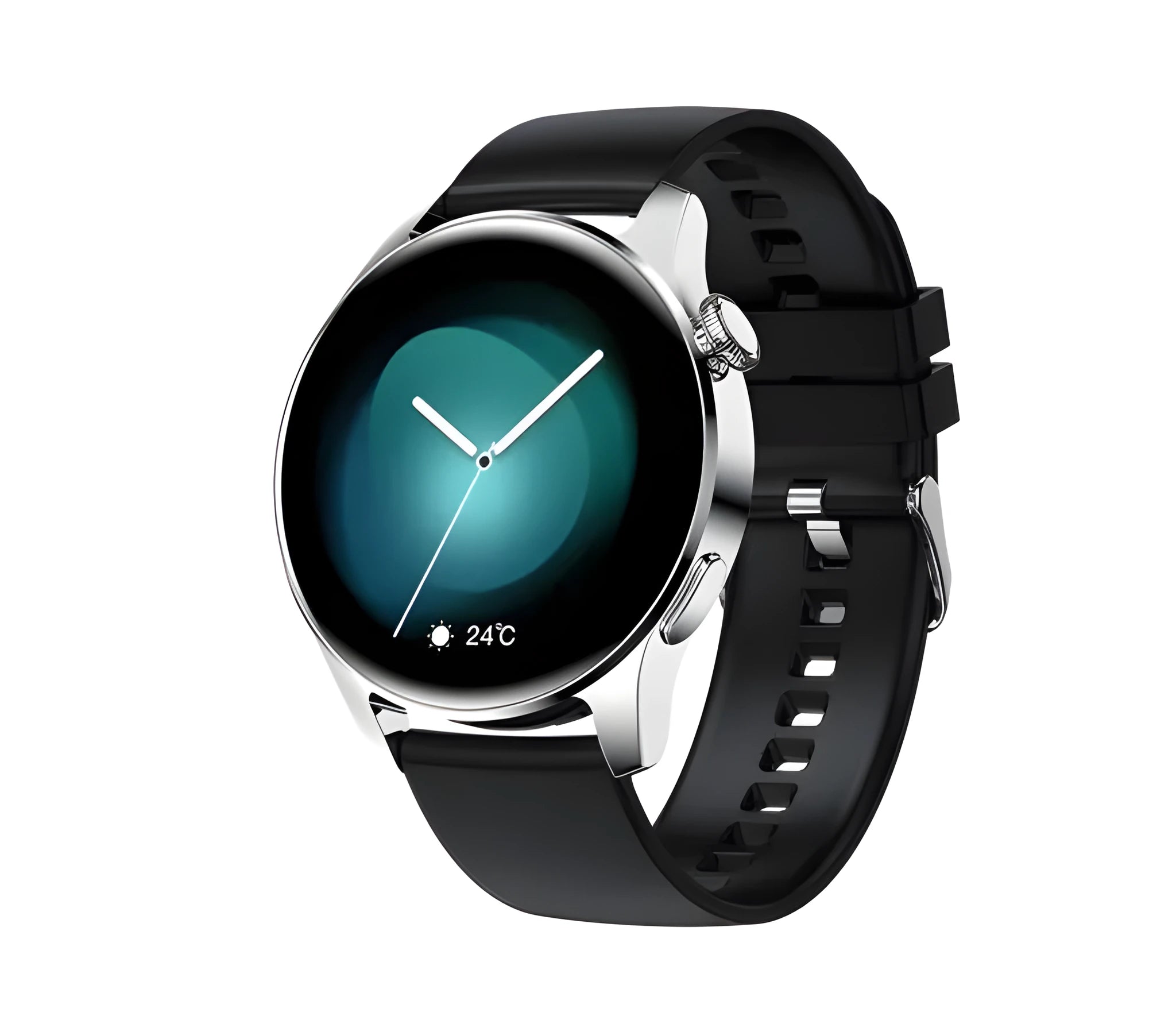 Smart watch with colour touch screen showing heart rate data, with a black silicone sports strap on a wrist.