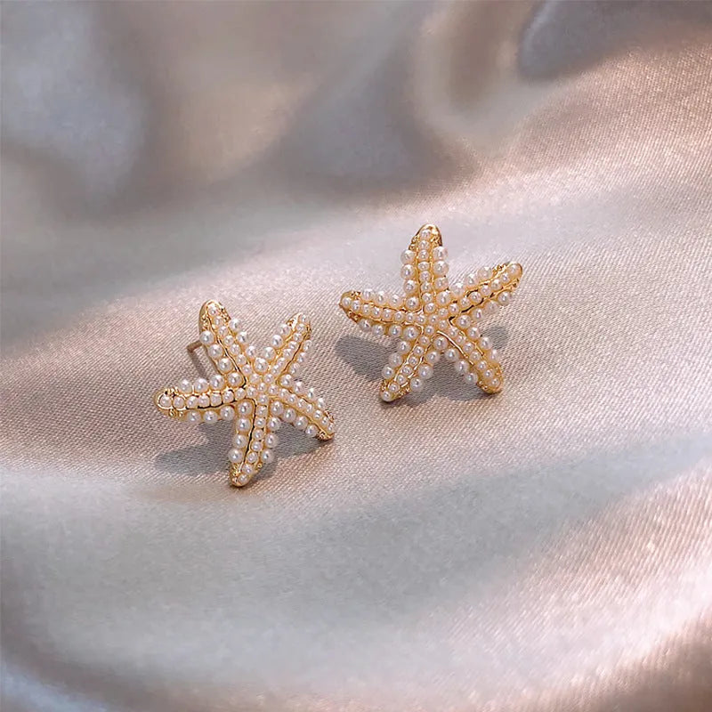 Korean style pineapple starfish pearl earrings with artificial gem inlays in gold, silver colours