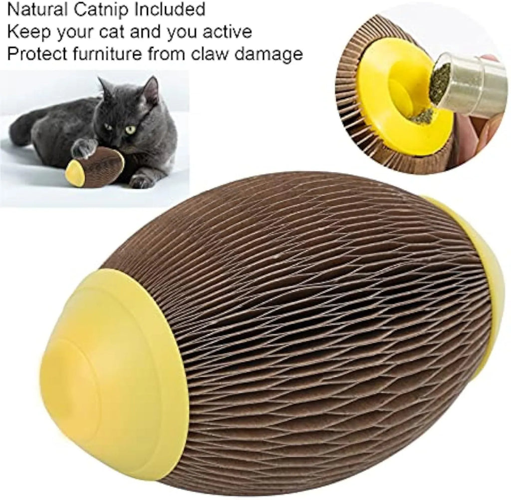 Ellipse-shaped corrugated paper catnip ball scratch toy on a plain background.