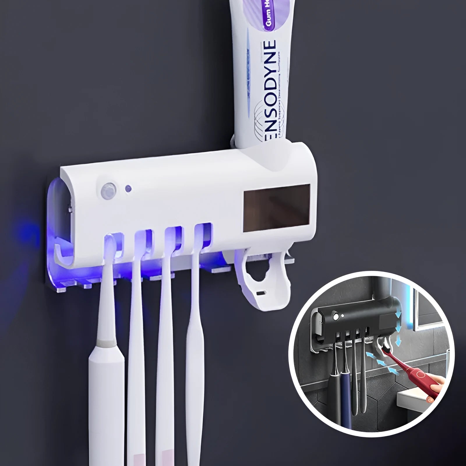 Smart UV toothbrush steriliser with automatic toothpaste dispenser wall mounted in bathroom
