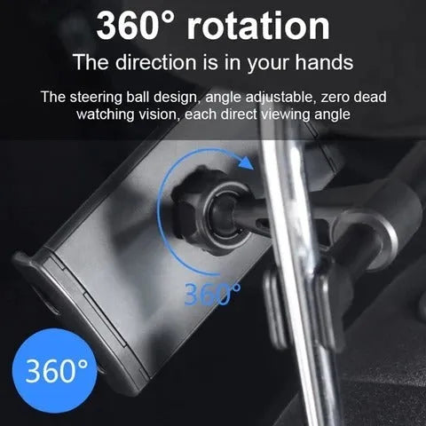 Black universal car phone holder mounted on vehicle rear seat base with tablet secured in snap-in mechanism